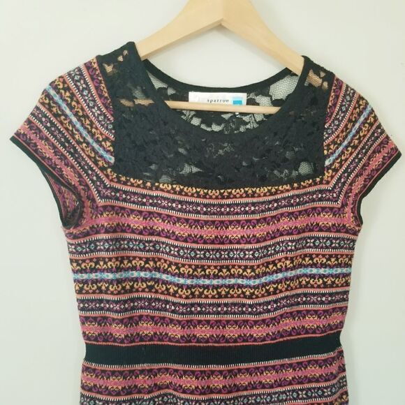 𝅺Sparrow Anthropologie Cashmere Blend Knit Intarsia Lace Mini Dress Size XS - Picture 3 of 11